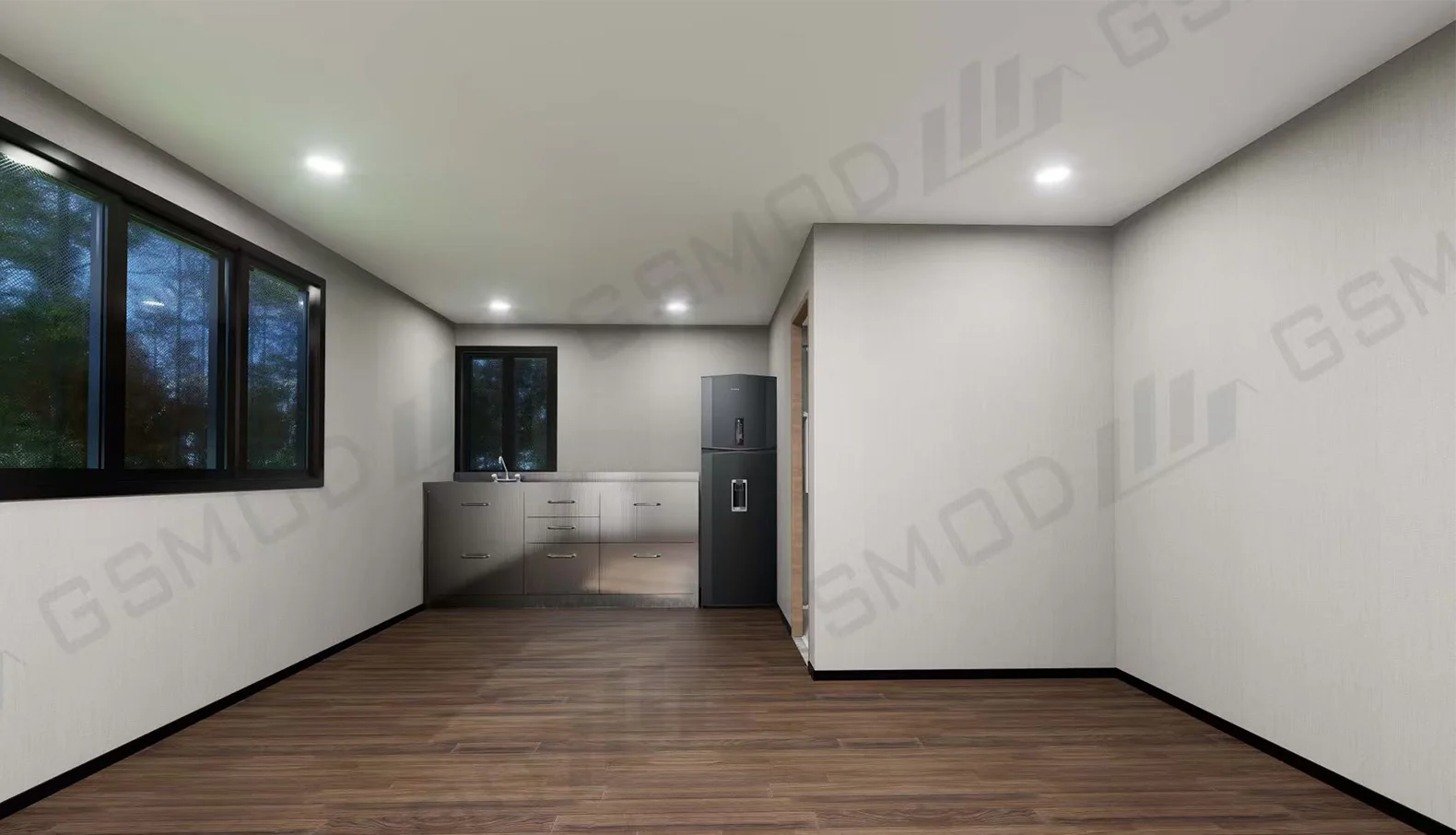 Australia modular office interior with kitchen area and open workspace.