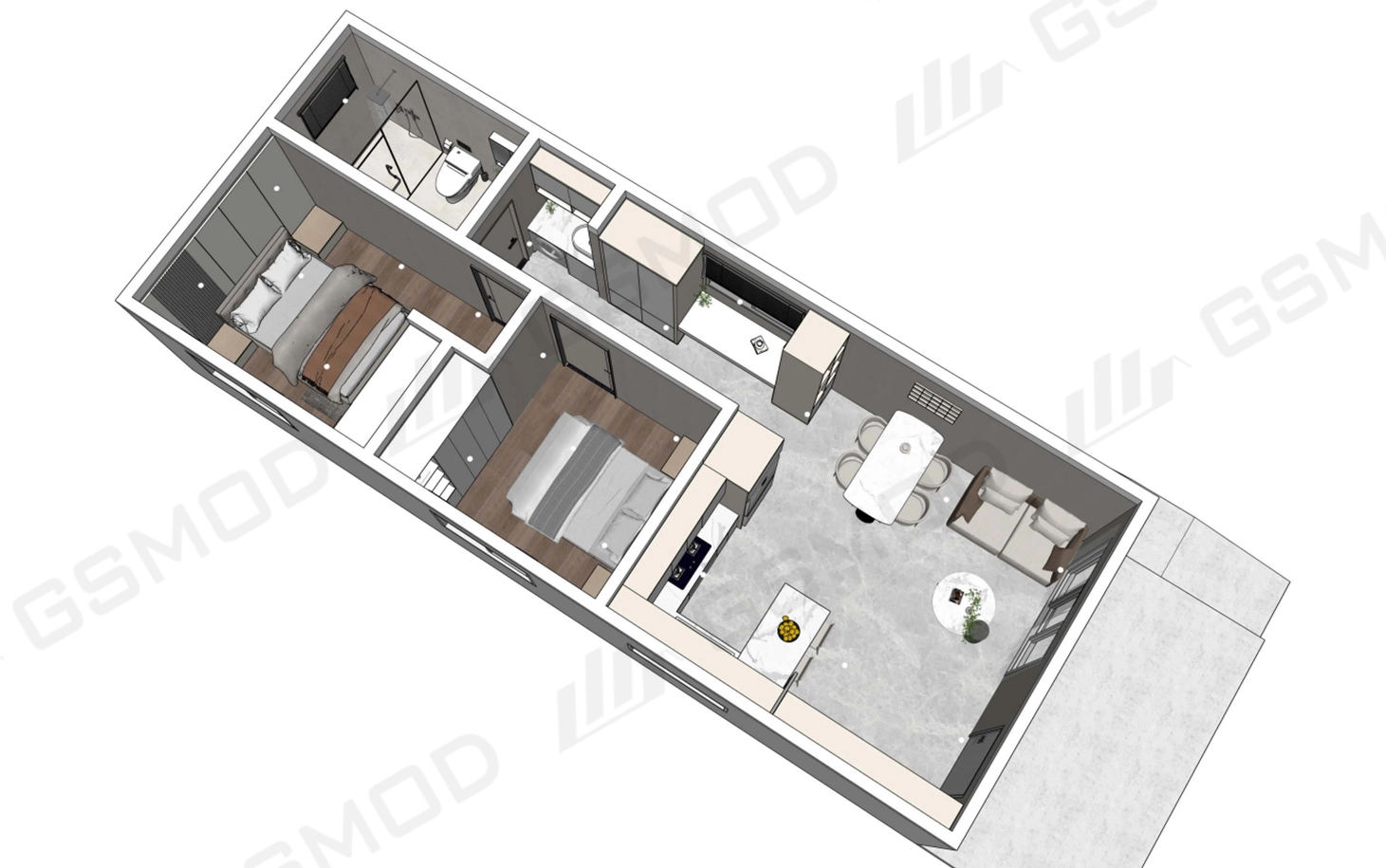 Sydney modular granny flat interior layout showing 2 bedrooms, kitchen, bathroom and open living area.