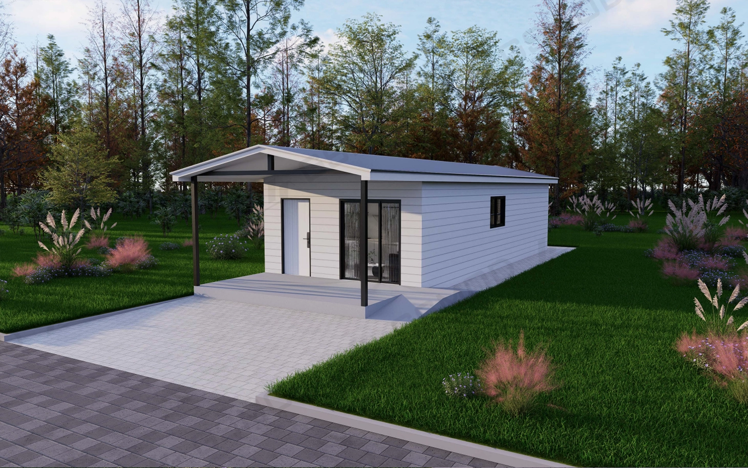 Sydney modular granny flat with modern exterior design, outdoor deck and compact residential layout.
