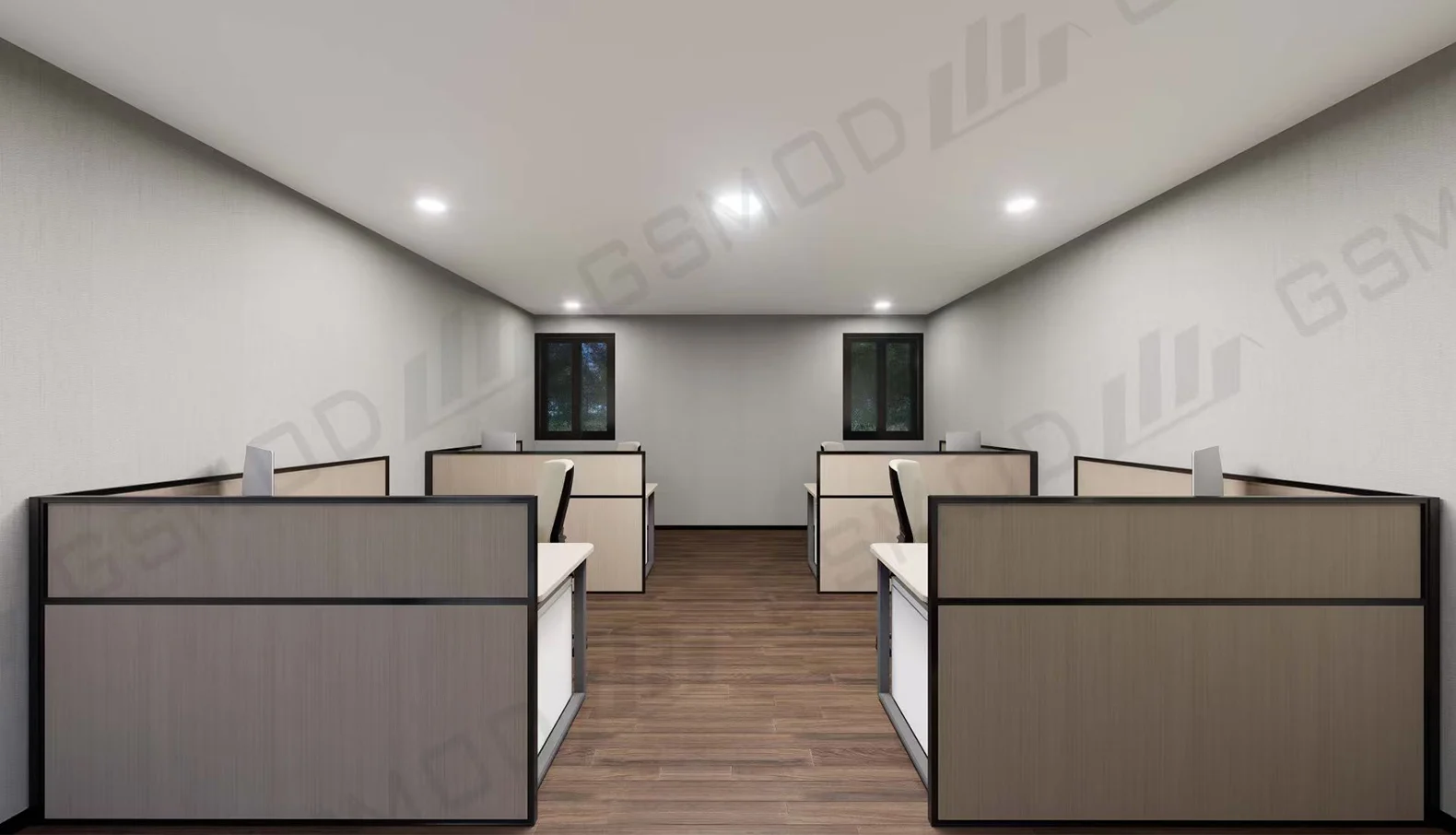 Australia modular office interior with workstation layout for project site workspace.
