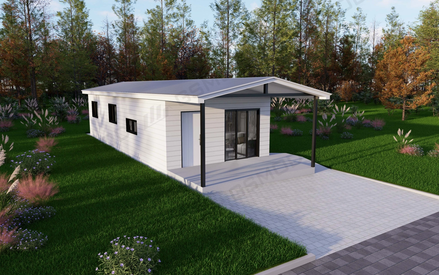Sydney modular granny flat with modern exterior design, outdoor deck and compact residential layout.