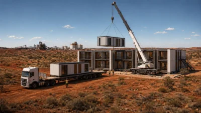 Prefabricated modular building units being installed by crane at a remote project site