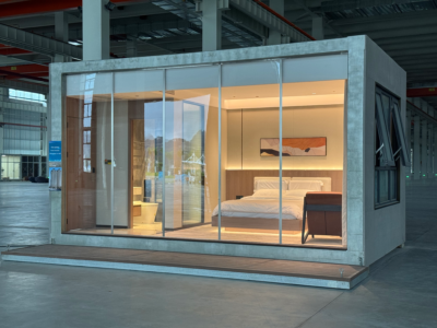Exterior view of a single modular hotel pod unit designed for stacking, featuring a rough concrete shell and a full wall of floor-to-ceiling glass sliding doors, with the bedroom and bathroom layout visible from the outside, set inside an industrial factory environment.