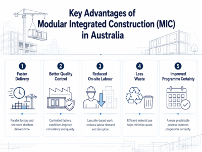 Key advantages of Modular Integrated Construction (MIC) in Australia, including faster delivery, quality control, reduced on-site labour, less waste and programme certainty