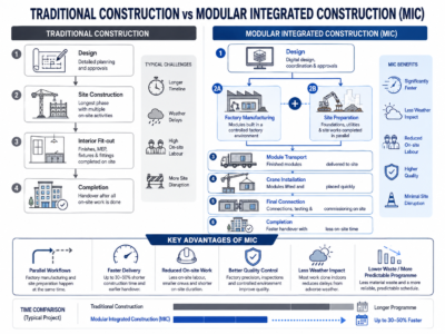 Traditional construction compared with Modular Integrated Construction showing parallel factory manufacturing and site preparation
