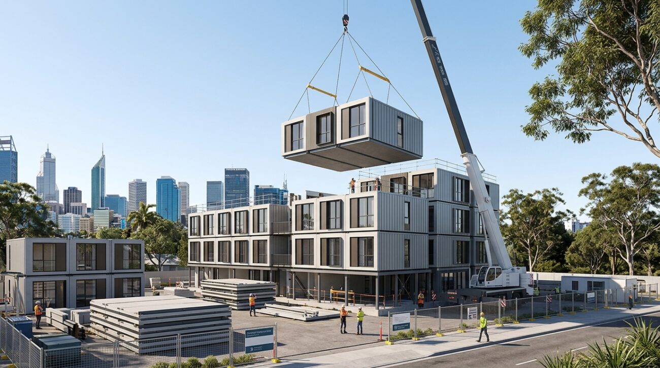 Prefabricated modular building unit being installed by crane at an urban construction site in Australia