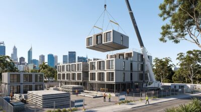 Prefabricated modular building unit being installed by crane at an urban construction site in Australia