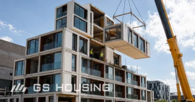 Rendering of modular hotel unit hoisting