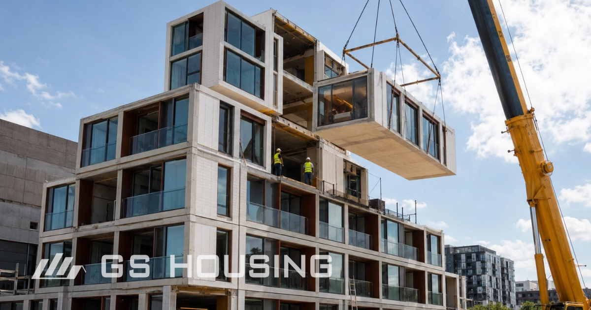 Rendering of modular hotel unit hoisting