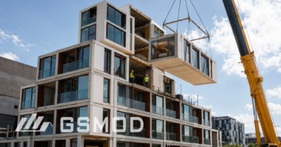 Rendering of modular hotel unit hoisting