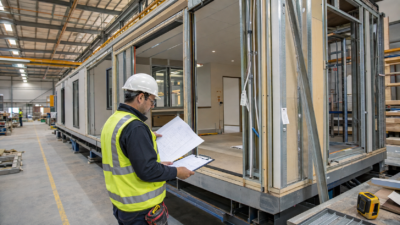 Quality inspection of a modular building in a factory, showing an inspector reviewing drawings and checking construction details.