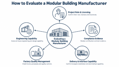 Infographic showing five areas for evaluating a modular building manufacturer: licensing, engineering, compliance evidence, factory quality and delivery capability.