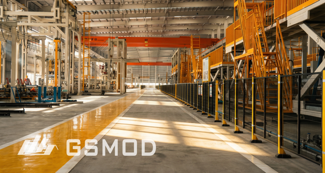 GS MOD modular building factory showing the production environment and manufacturing facilities for volumetric modular construction.