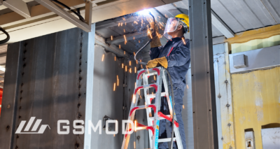 Heavy-steel volumetric module frame during factory production at GSMOD
