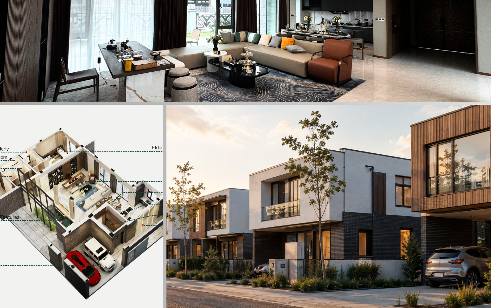 Modern modular home interior, floor plan and two-storey residential development