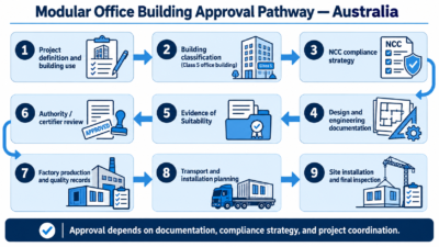 Infographic showing the typical approval pathway for modular office buildings in Australia, including NCC compliance, design documentation, evidence of suitability and installation planning.