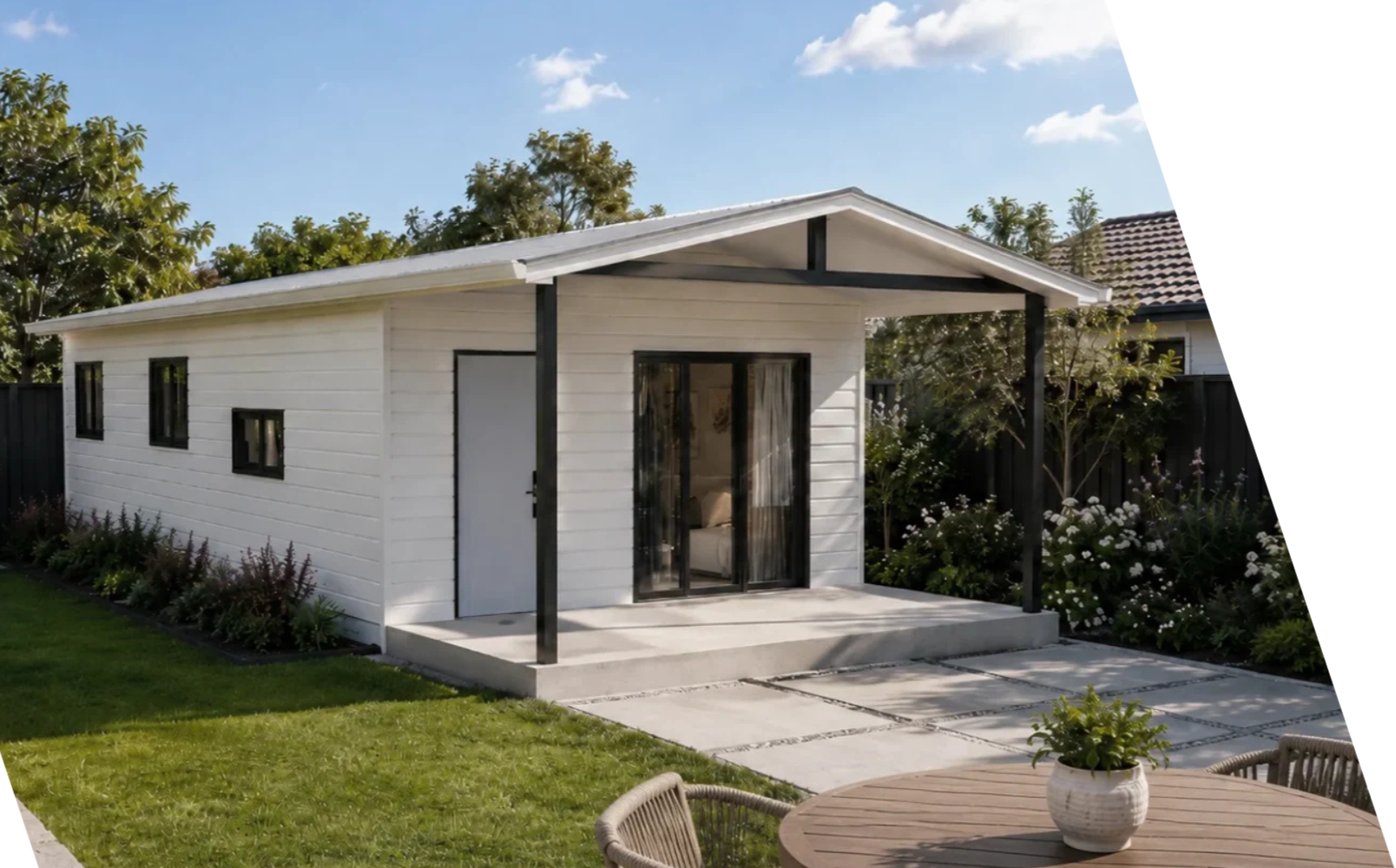 Prefabricated modular granny flat with white cladding and covered entrance
