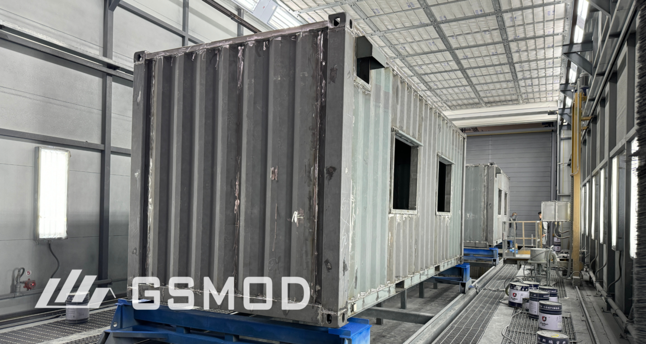 Heavy-steel volumetric module during factory production before final fit-out and delivery