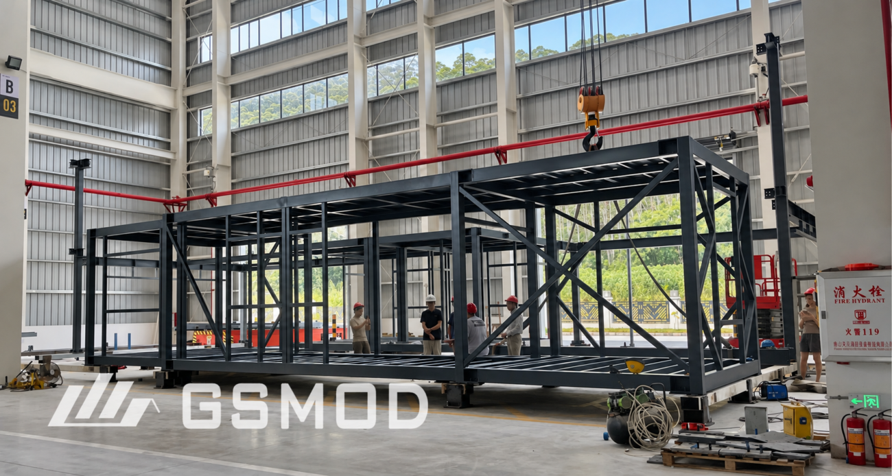Heavy-steel volumetric module frame being manufactured inside the GSMOD factory
