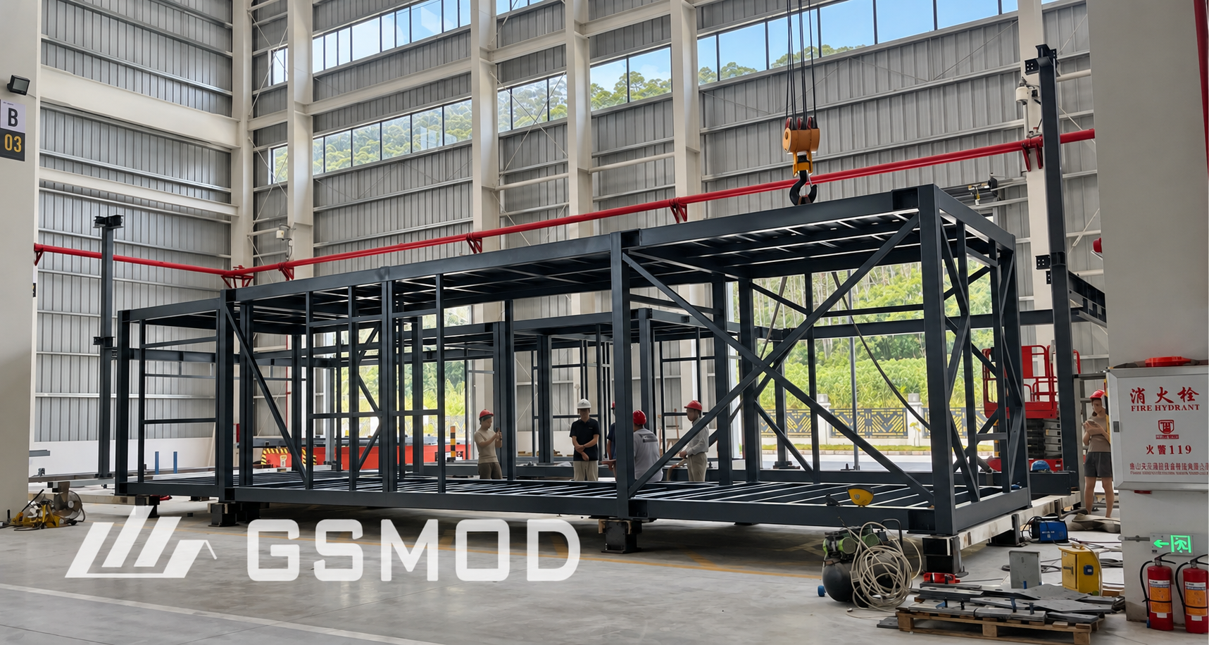 Heavy-steel volumetric module frame being manufactured inside the GSMOD factory