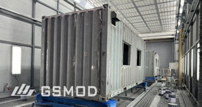 Heavy-steel volumetric module during factory production before final fit-out and delivery
