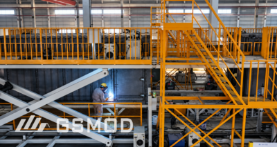 Heavy-steel volumetric module being welded during factory production at GSMOD