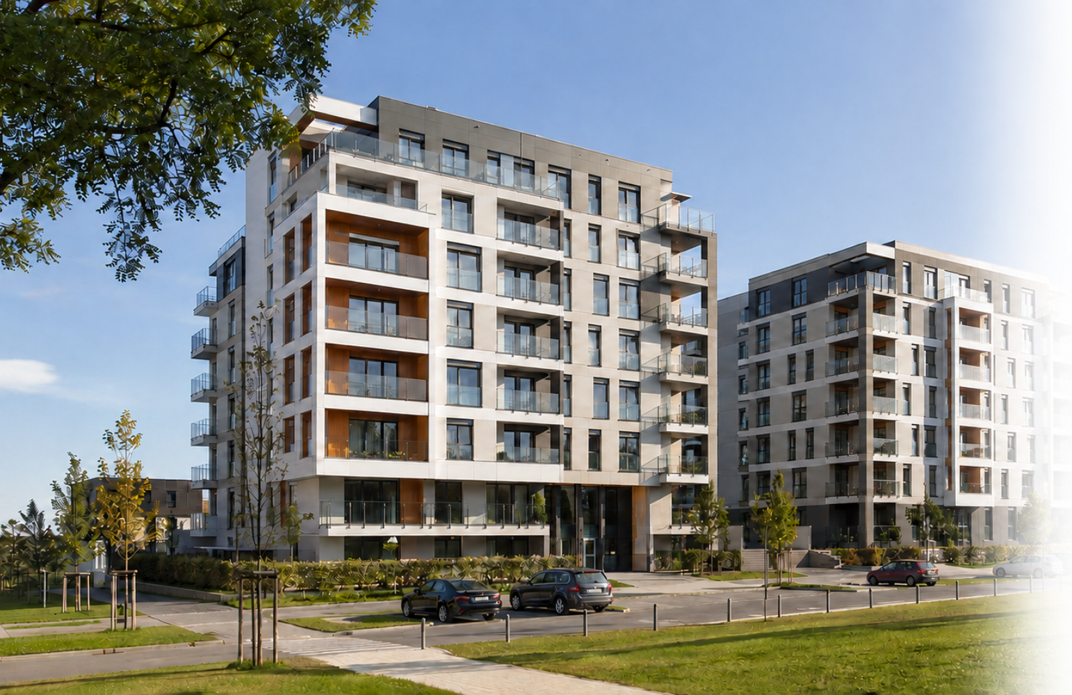 Modern multi-storey modular apartment buildings with balconies and landscaped grounds