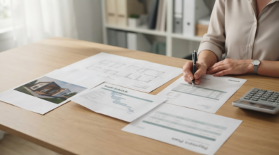 Buyer reviewing modular home quote, contract and payment documents before paying
