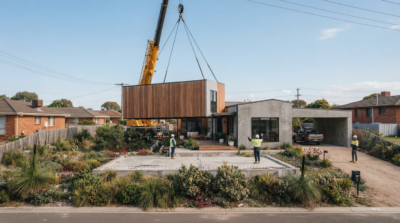 Volumetric modular home transported to site for crane installation in Australia