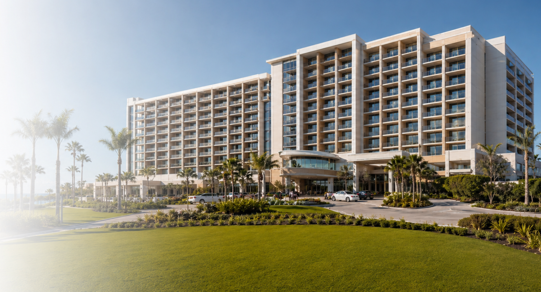 Large modular hotel building with balconies, entrance and landscaped grounds