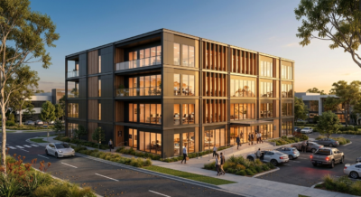 Conceptual multi-storey modular office building in an Australian commercial setting