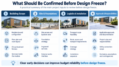 Four project input areas to review before design freeze for a modular office project