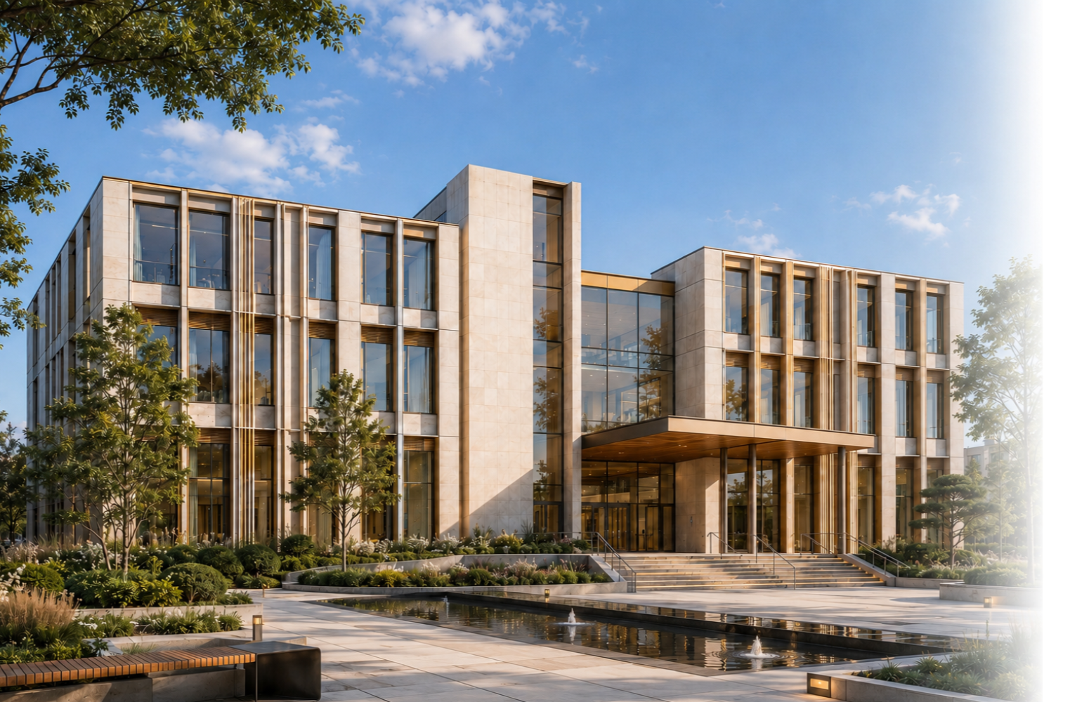 Modern modular public building with glass entrance, landscaped plaza and reflecting pool