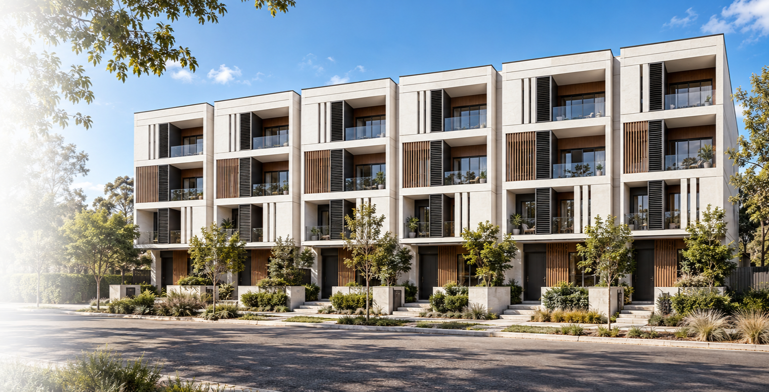 Concept design of four-storey modular townhouses with white facades, timber screens, glass balconies and front gardens.