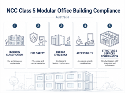 NCC Class 5 modular office building compliance considerations in Australia, including classification, fire safety, energy efficiency, accessibility and services coordination