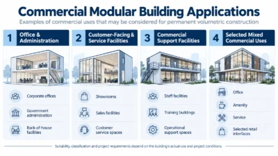 Four commercial building application groups for permanent volumetric modular construction