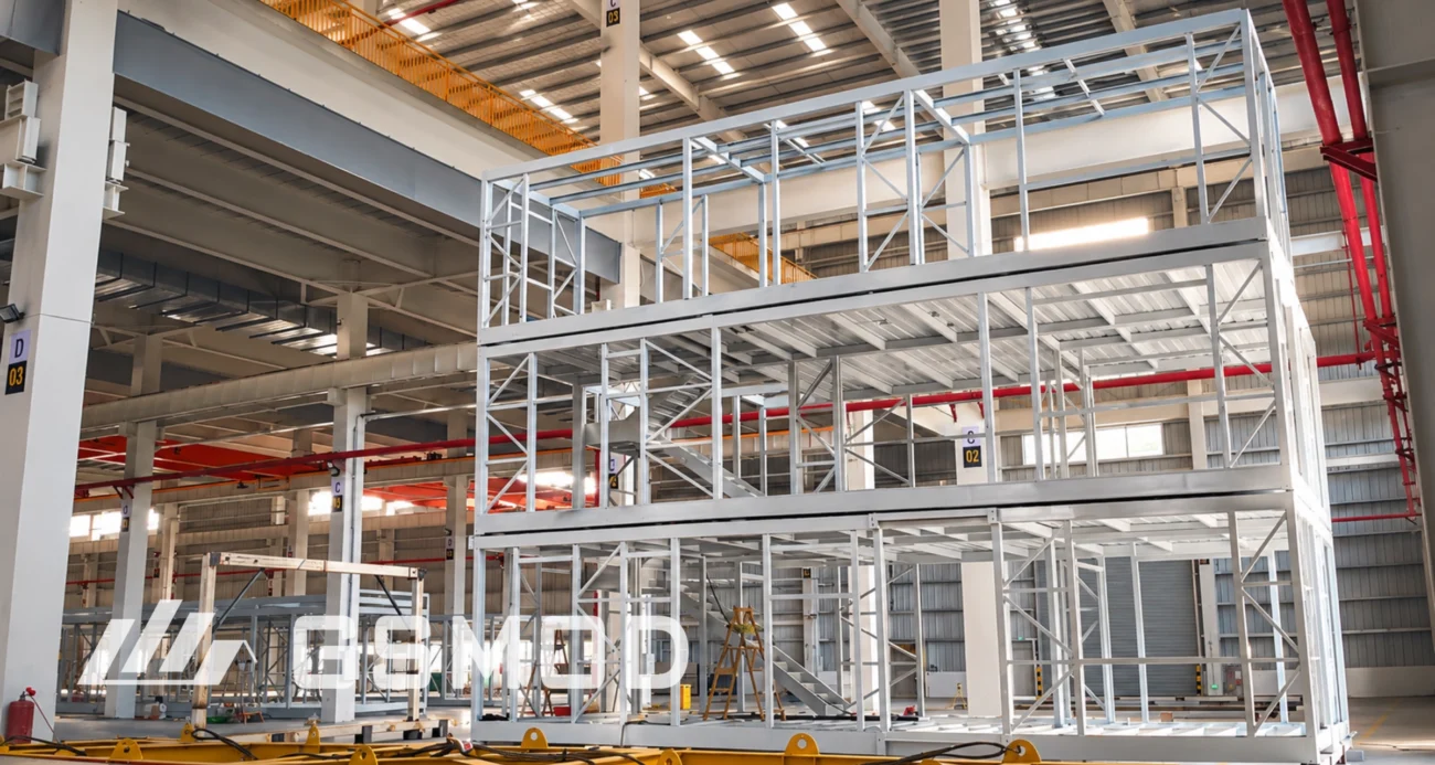 Steel volumetric module frames during factory production at GSMOD