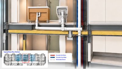 Illustrative cutaway of apartment bathroom drainage showing vanity and toilet waste connections, horizontal drain piping and adjacent vertical service risers.