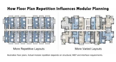 Comparison of two illustrative multifamily floor plans showing more repetitive apartment layouts on the left and more varied layouts on the right.
