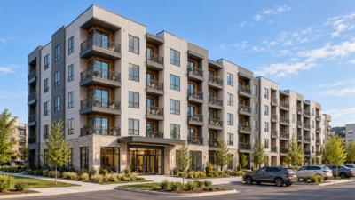 Conceptual rendering of a mid-rise multifamily apartment building with repeated residential bays, balconies and landscaped surroundings.