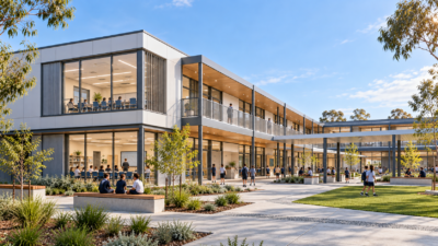 Concept illustration of a permanent volumetric modular school with repeated classroom bays and covered circulation